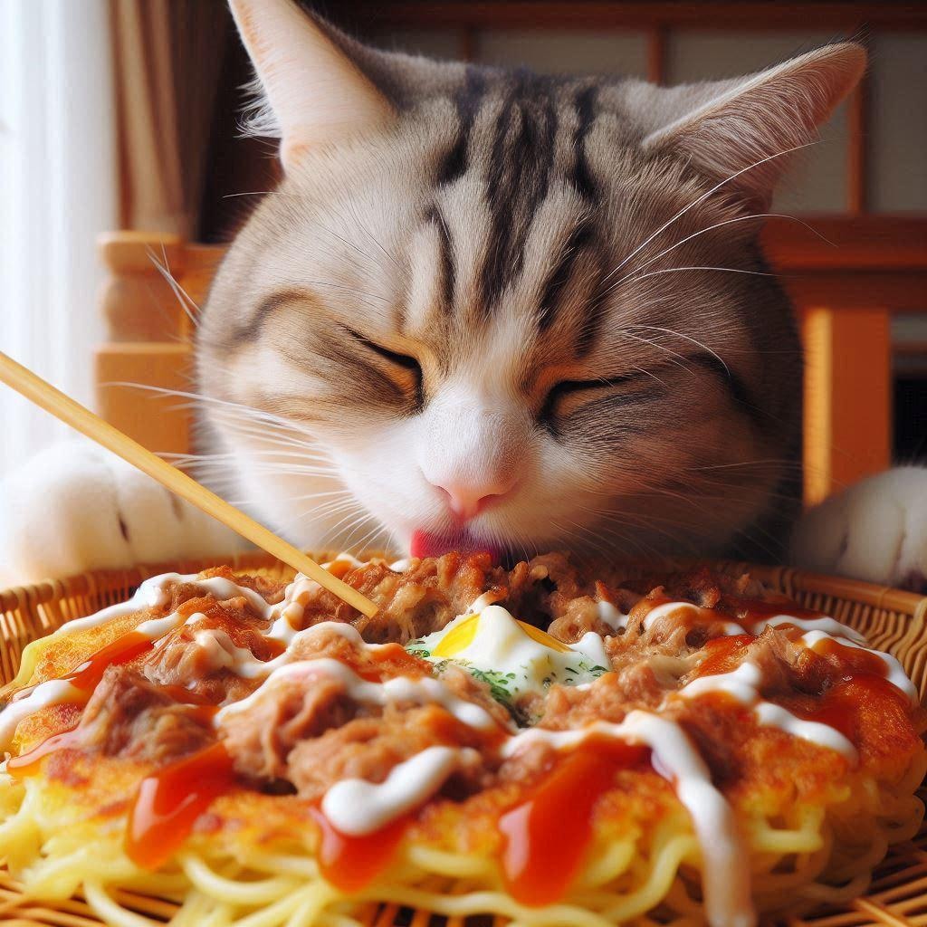お好み焼きを作る猫