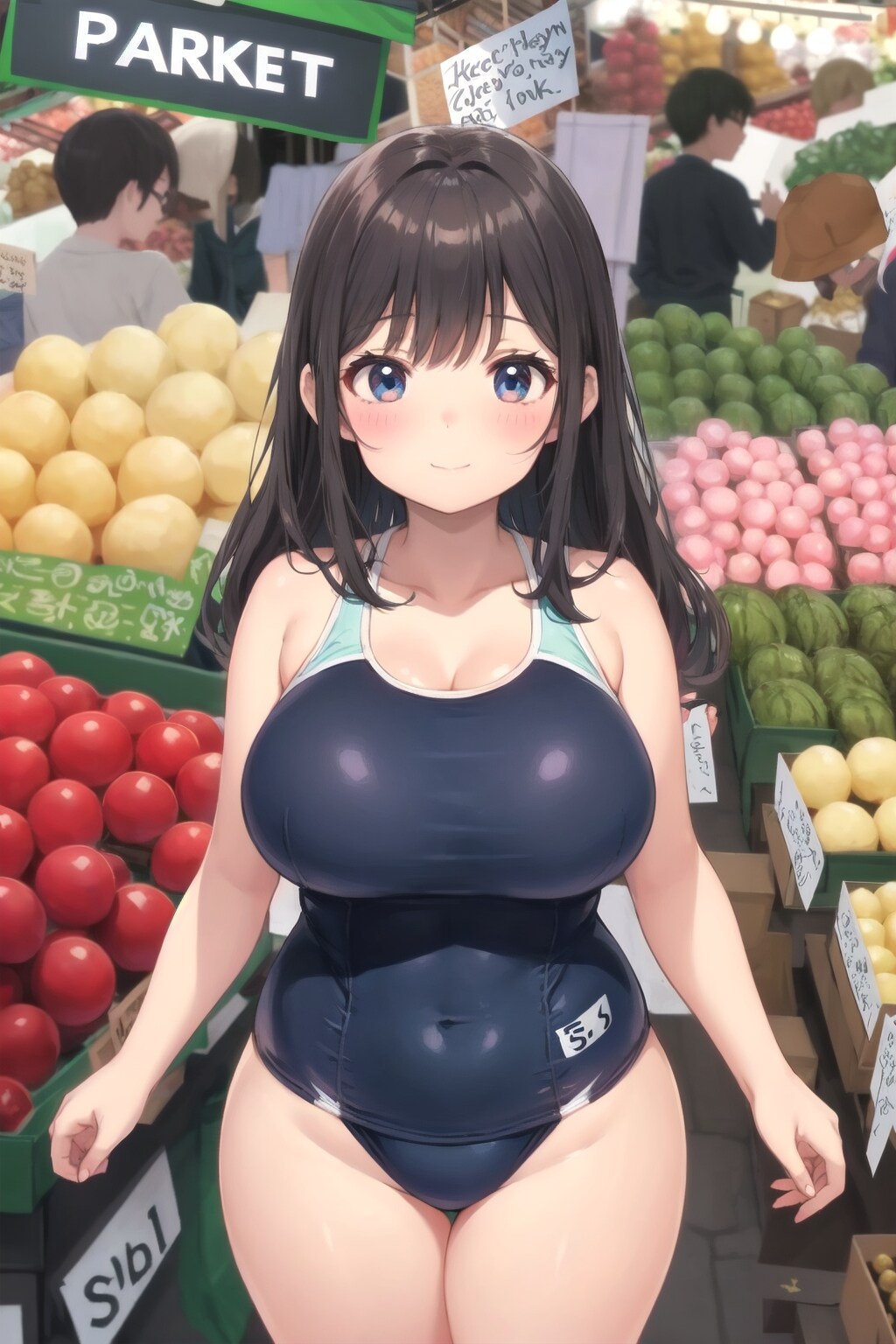 市場で働くスクール水着を着た肉感女子