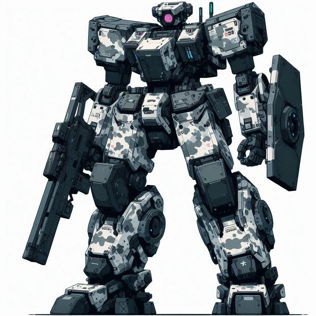 ミリタリー向け人型ロボット立ち絵　冬季迷彩（白灰黒塗装ガチャ）