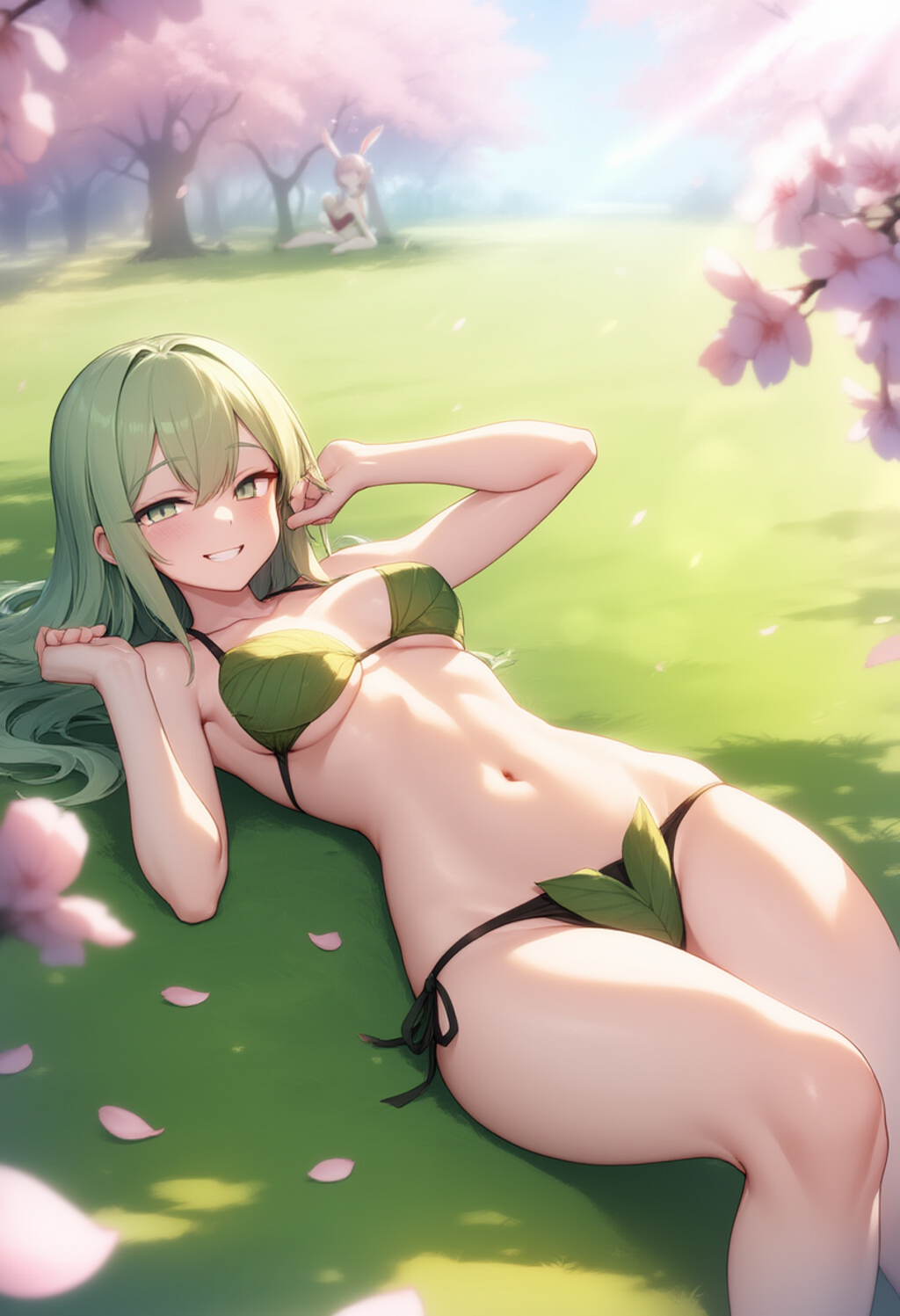 on the soft grass of a misty garden