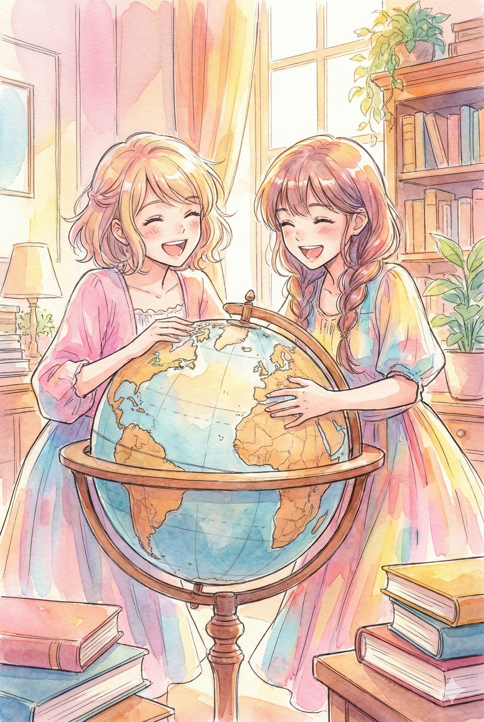 美少女姉妹が地球儀を回す🌎️ | の人気AIイラスト・グラビア