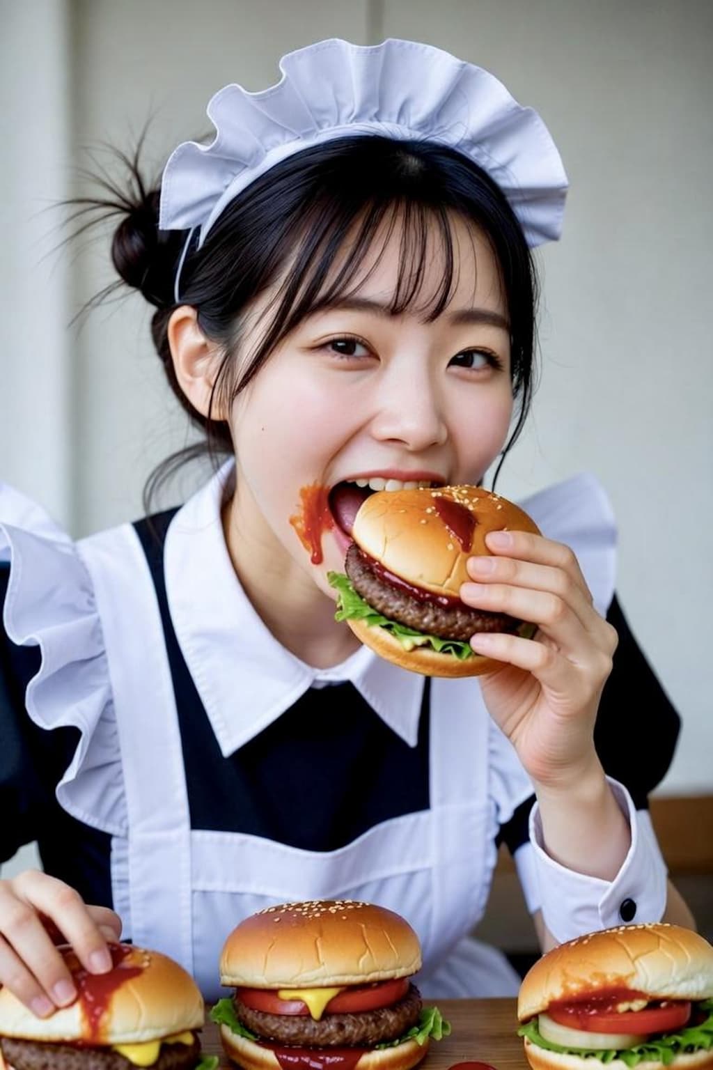 ハンバーガーに齧りつく