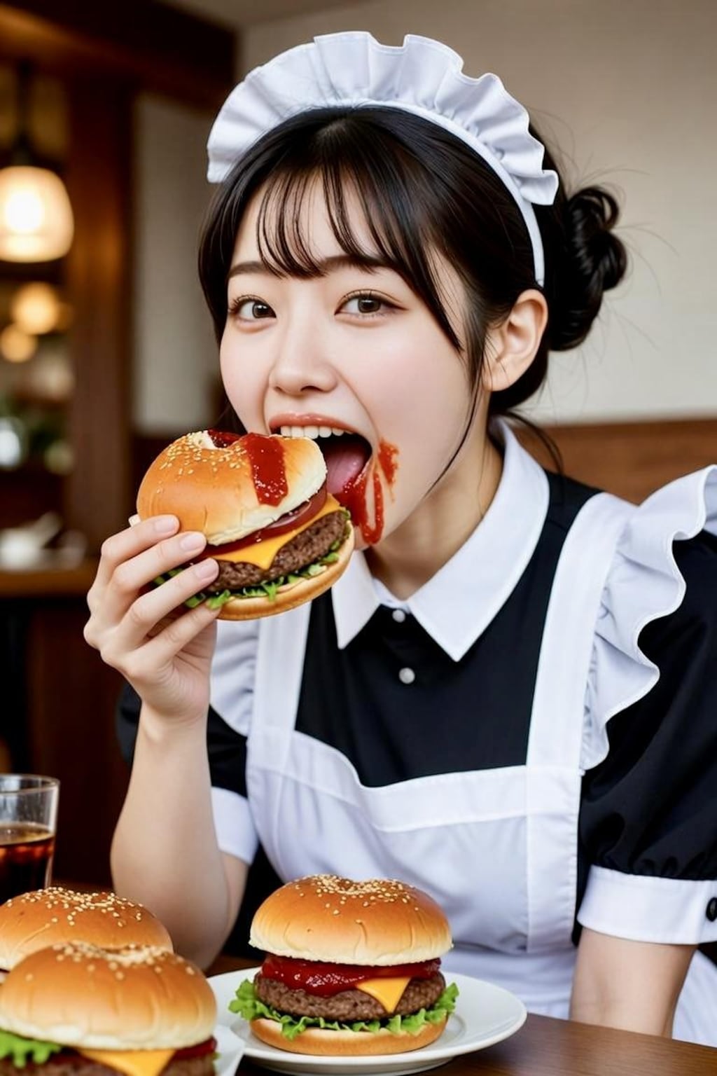 ハンバーガーに齧りつく