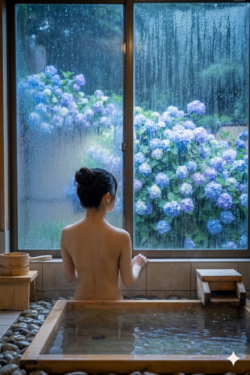 梅雨の雨にしっとりと濡れる紫陽花を眺める