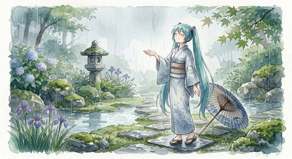 水彩画ミクさん　手のひらに滲む 雨の庭と和装ミクさんの静かな微笑み