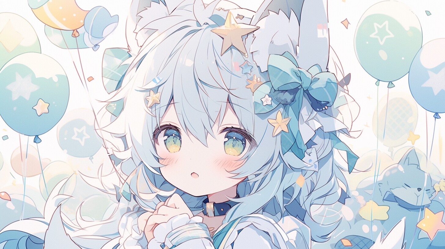星の風船に包まれる青狐の祝福