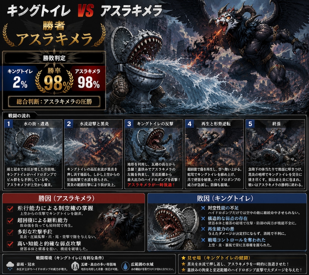 勝者：アスラキメラ　敗者：キングトイレ