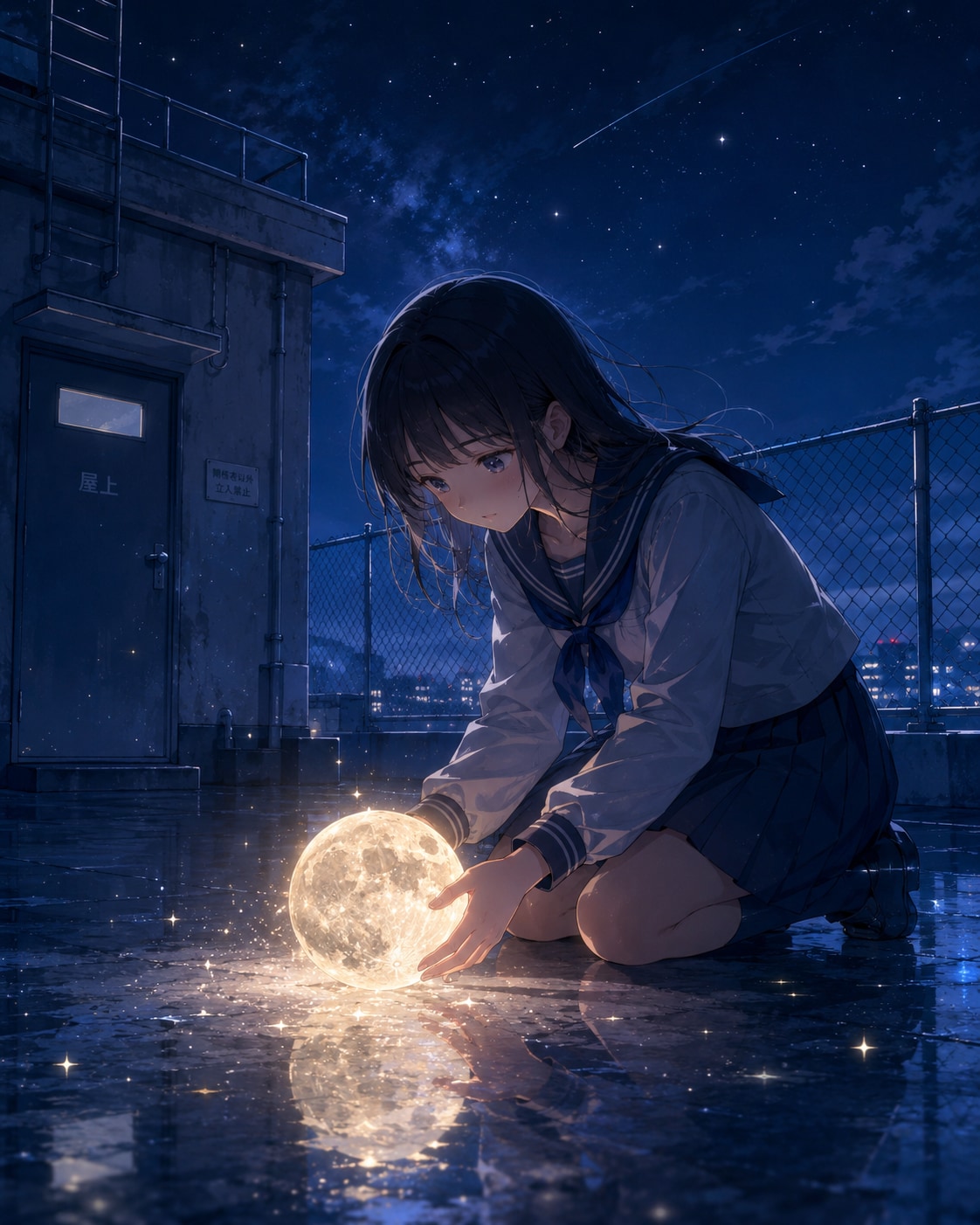 屋上で輝く月の幻想