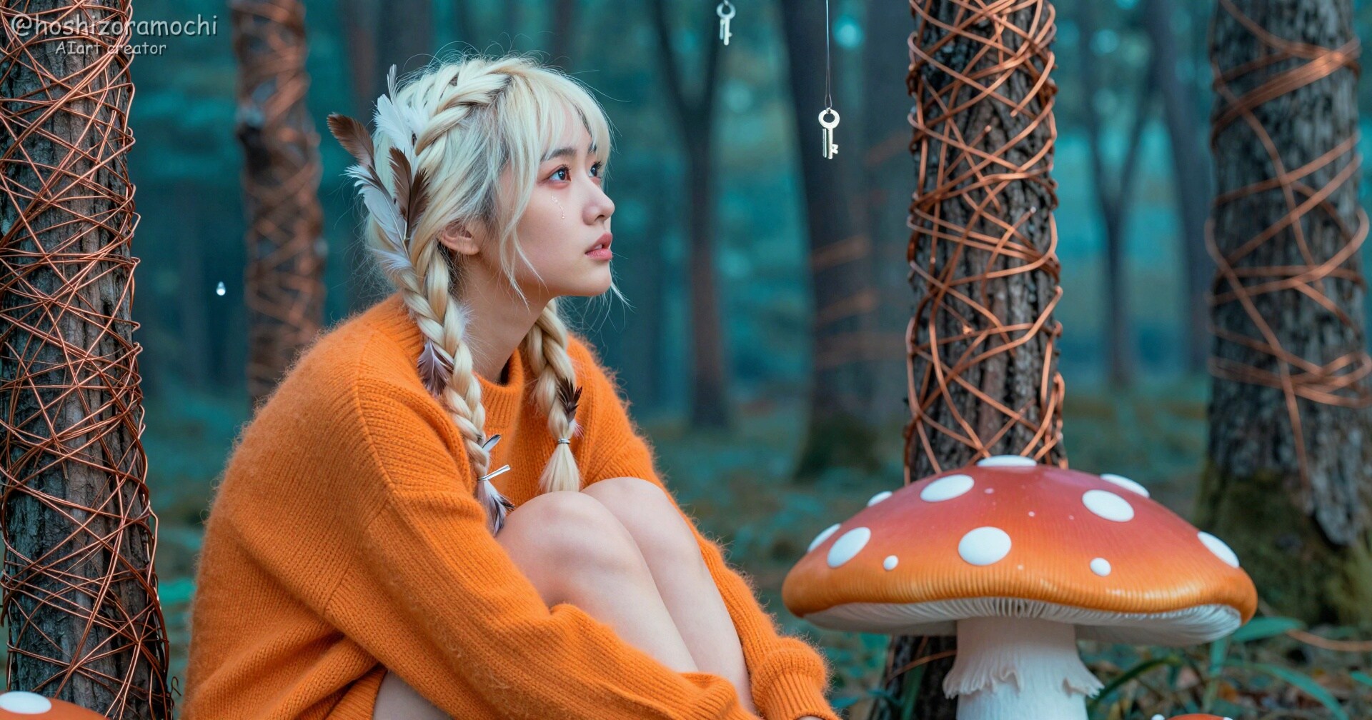 迷い込んだ絵本の世界：キノコの森と宙に浮く鍵を見つめる少女 | の人気AIイラスト・グラビア