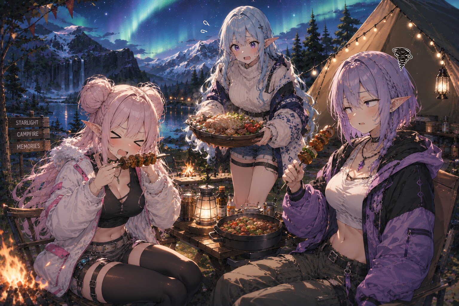 湖畔のキャンプファイアを楽しむエルフの女の子達