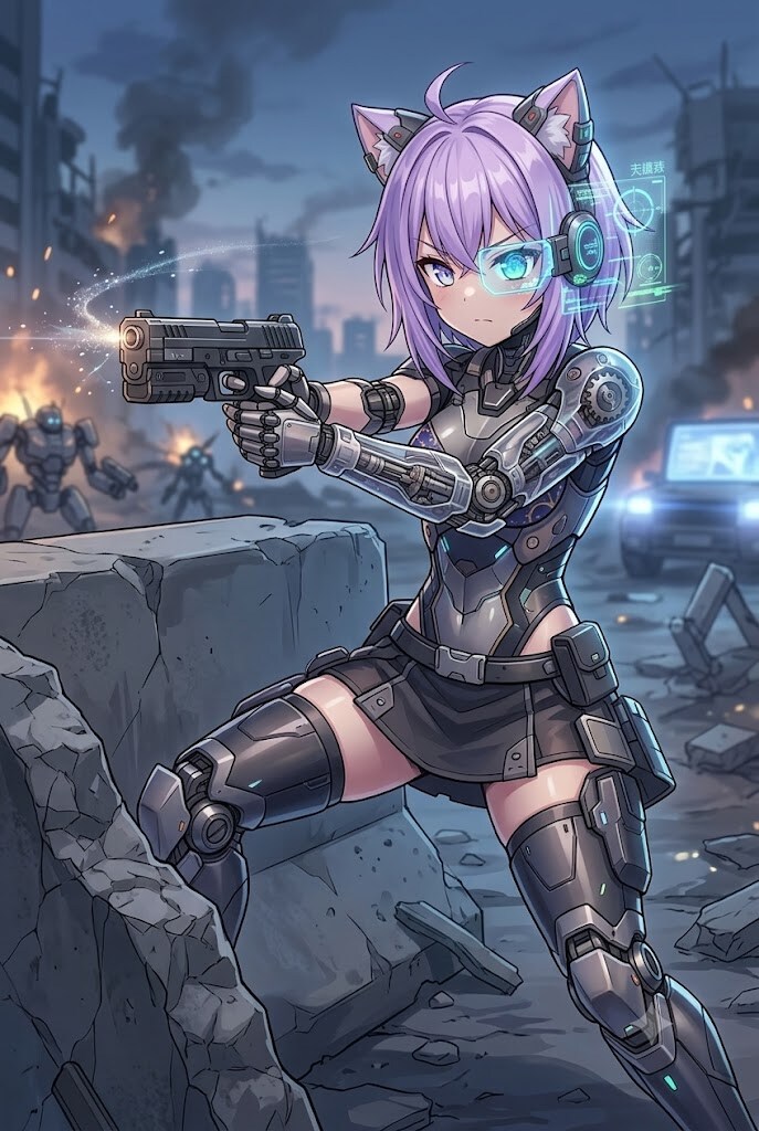 市街戦でゲリラ掃討中のメカ娘のシス