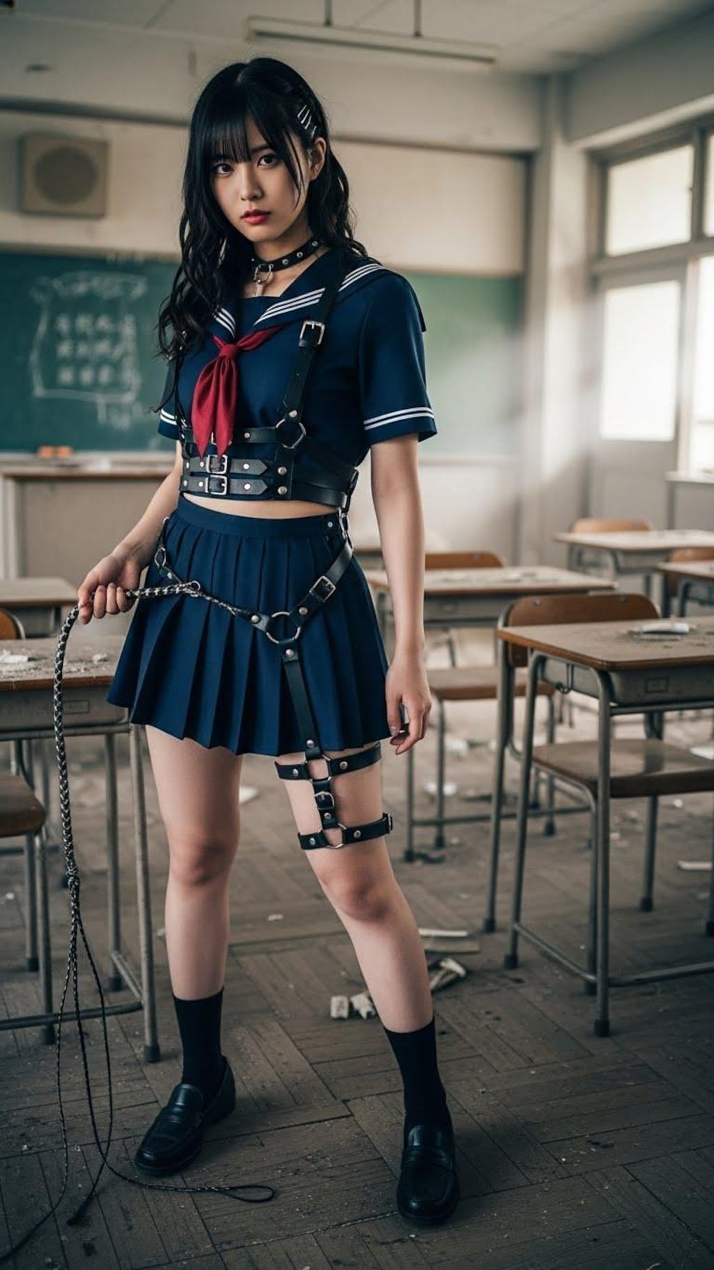 ボンテージセーラー服とムチ