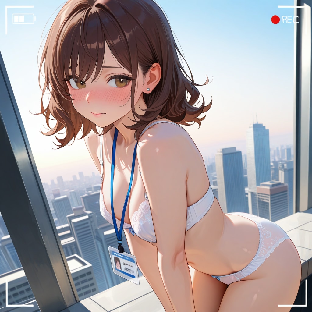屋上で撮影されるOLさん