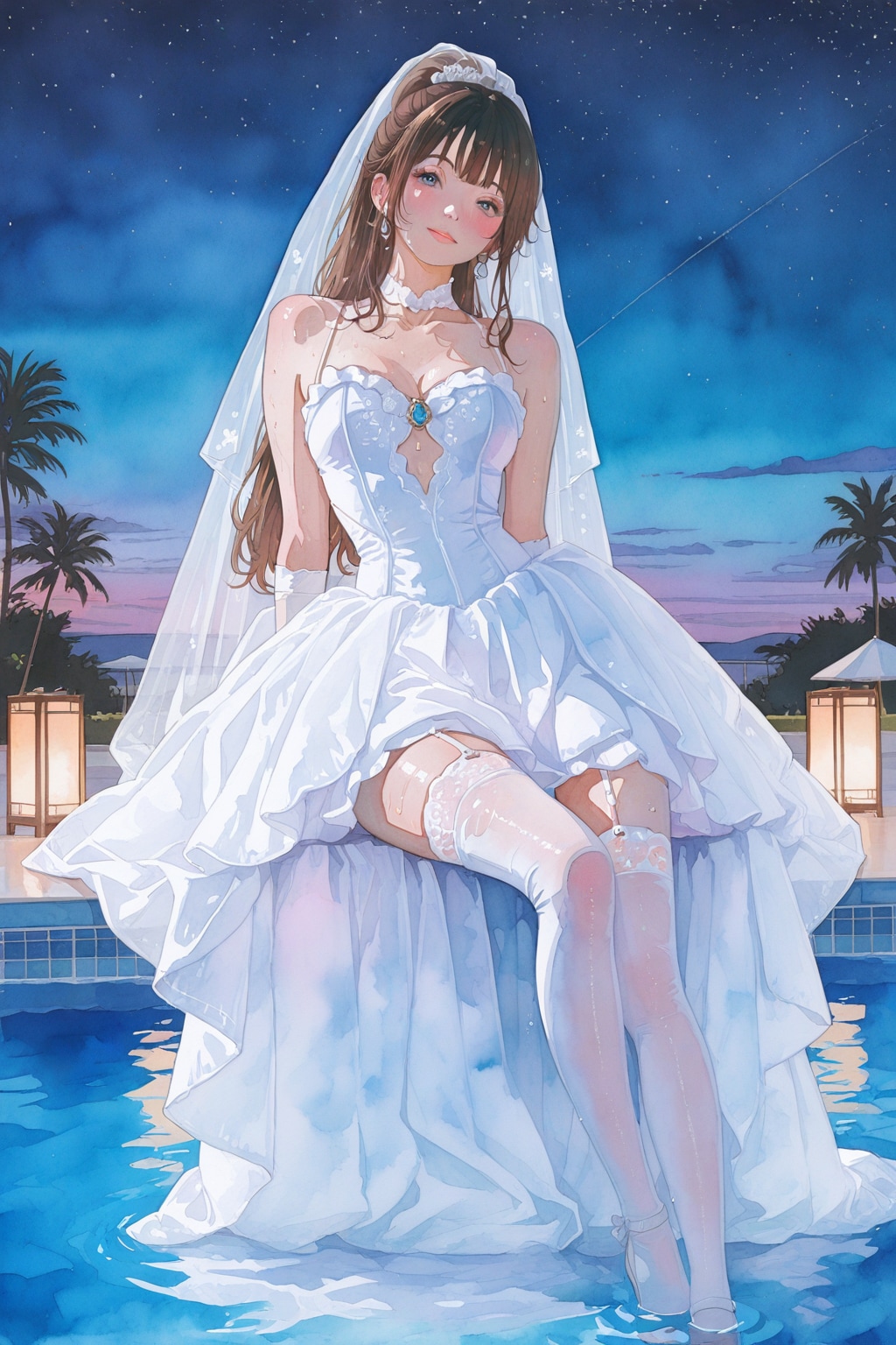 ウェディングドレスで泳ぐ(水彩)