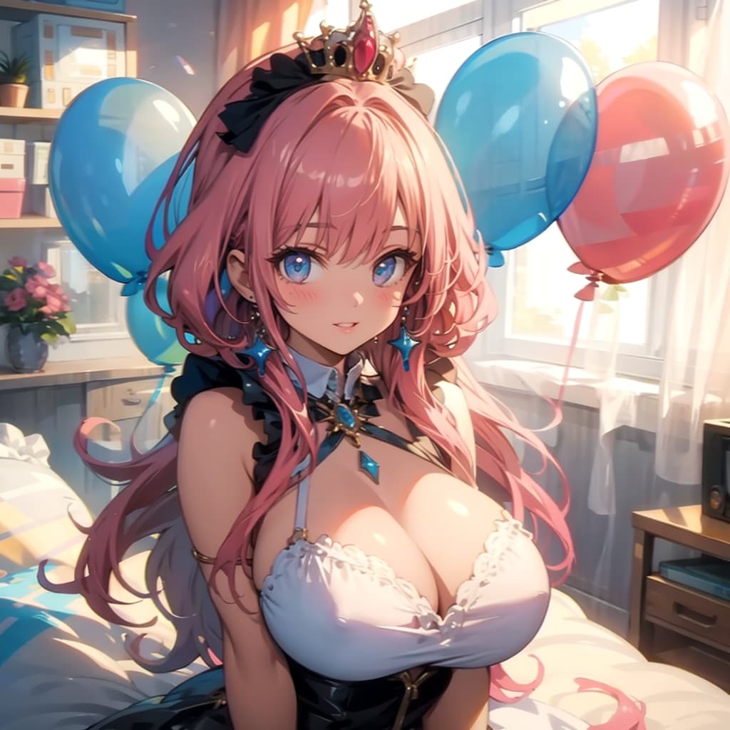 いっぱい色とりどりの風船を持つピンク髪のお姫様