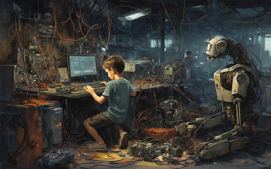 ロボットを修理する少年