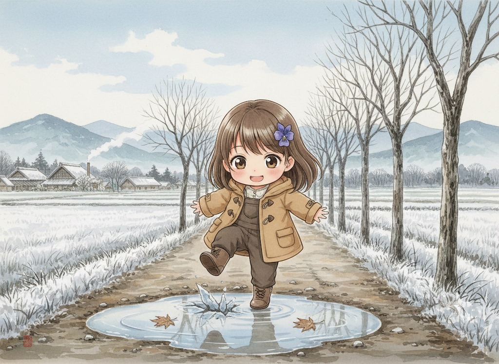 水たまりに氷が張ったよ！