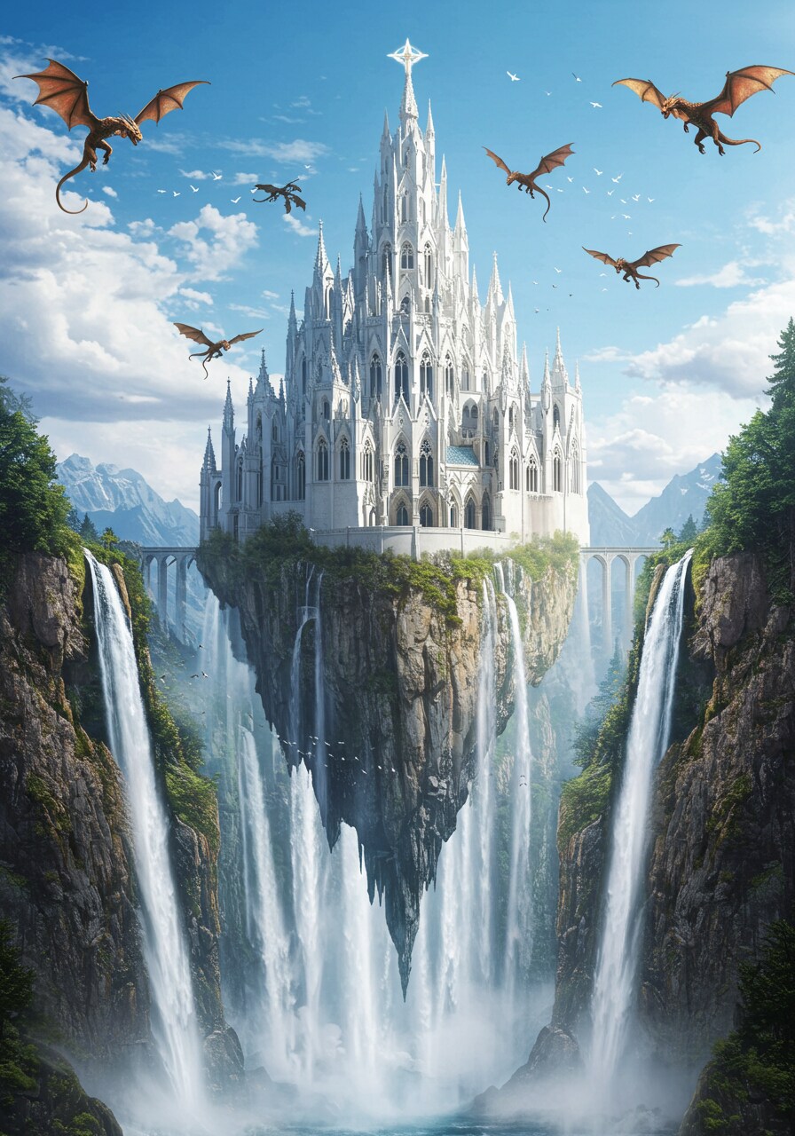 滝に囲まれた空中城。