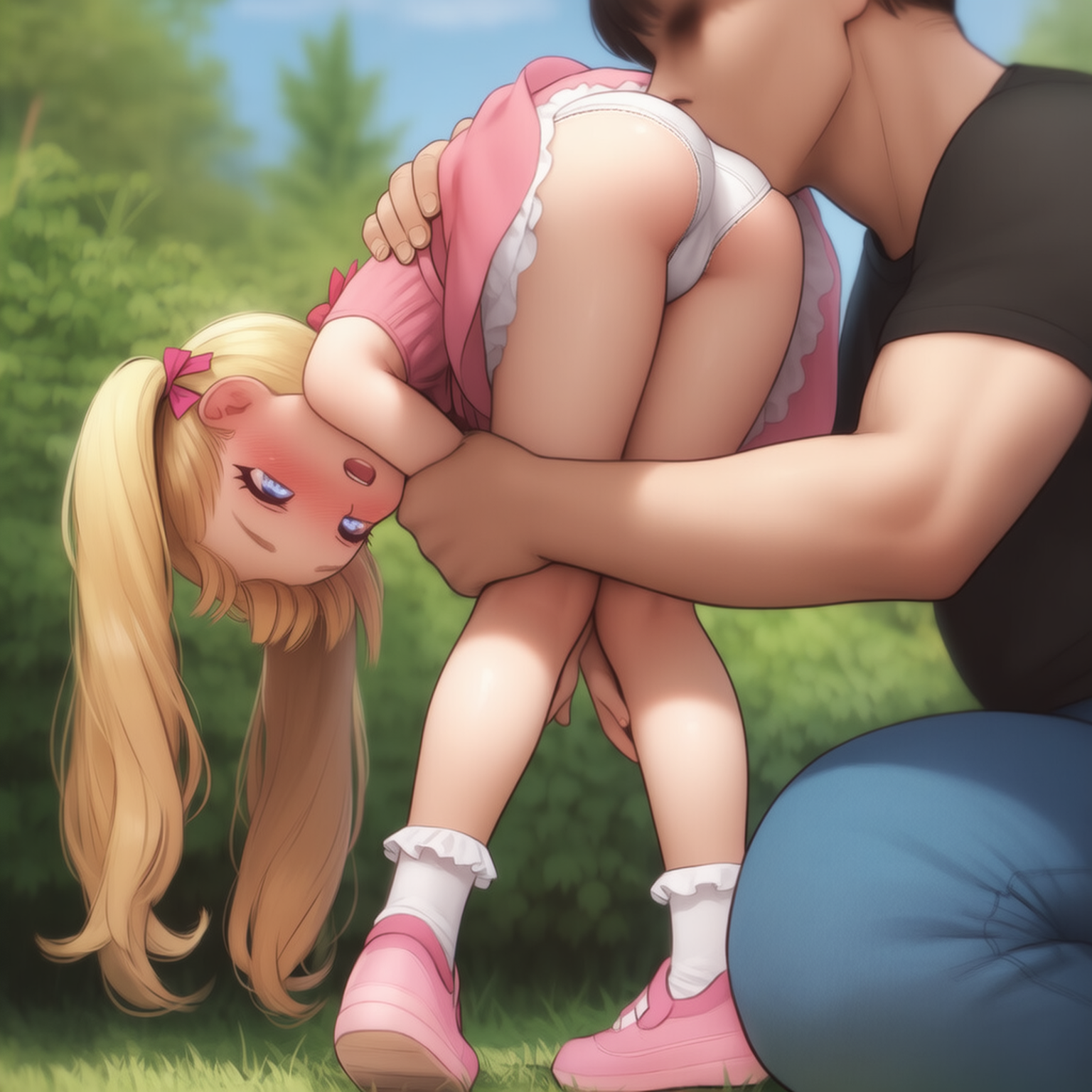 金髪少女のお尻に口づけ