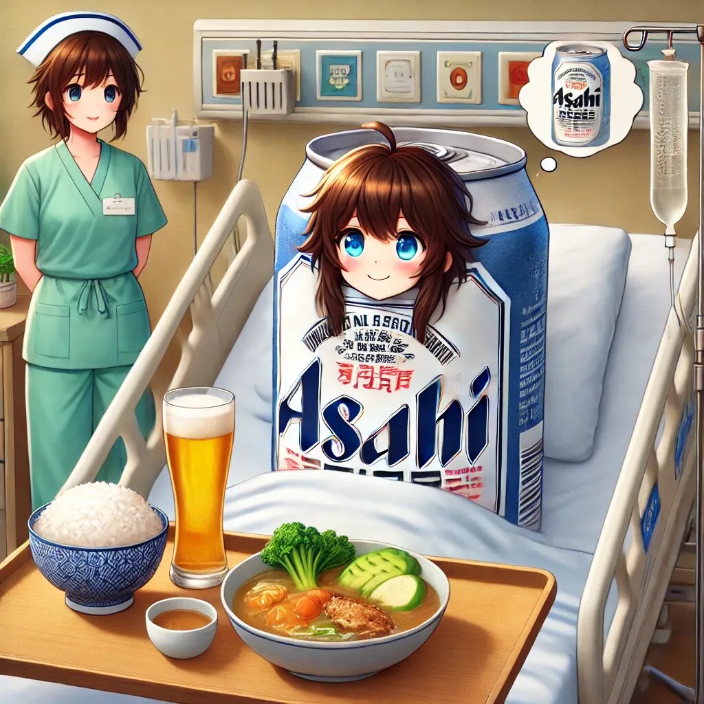 入院しているビール缶と看護婦の小さな女の子