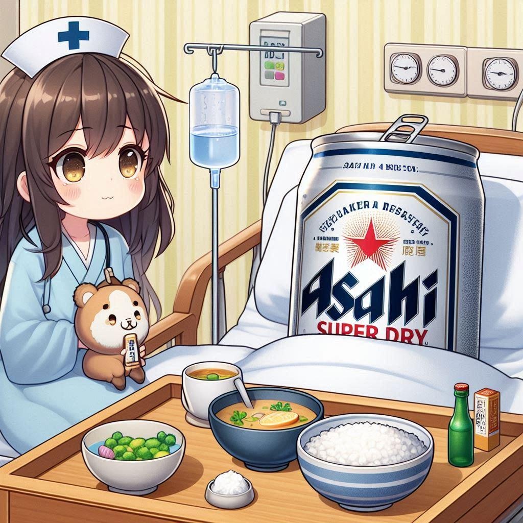 入院しているビール缶と看護婦の小さな女の子