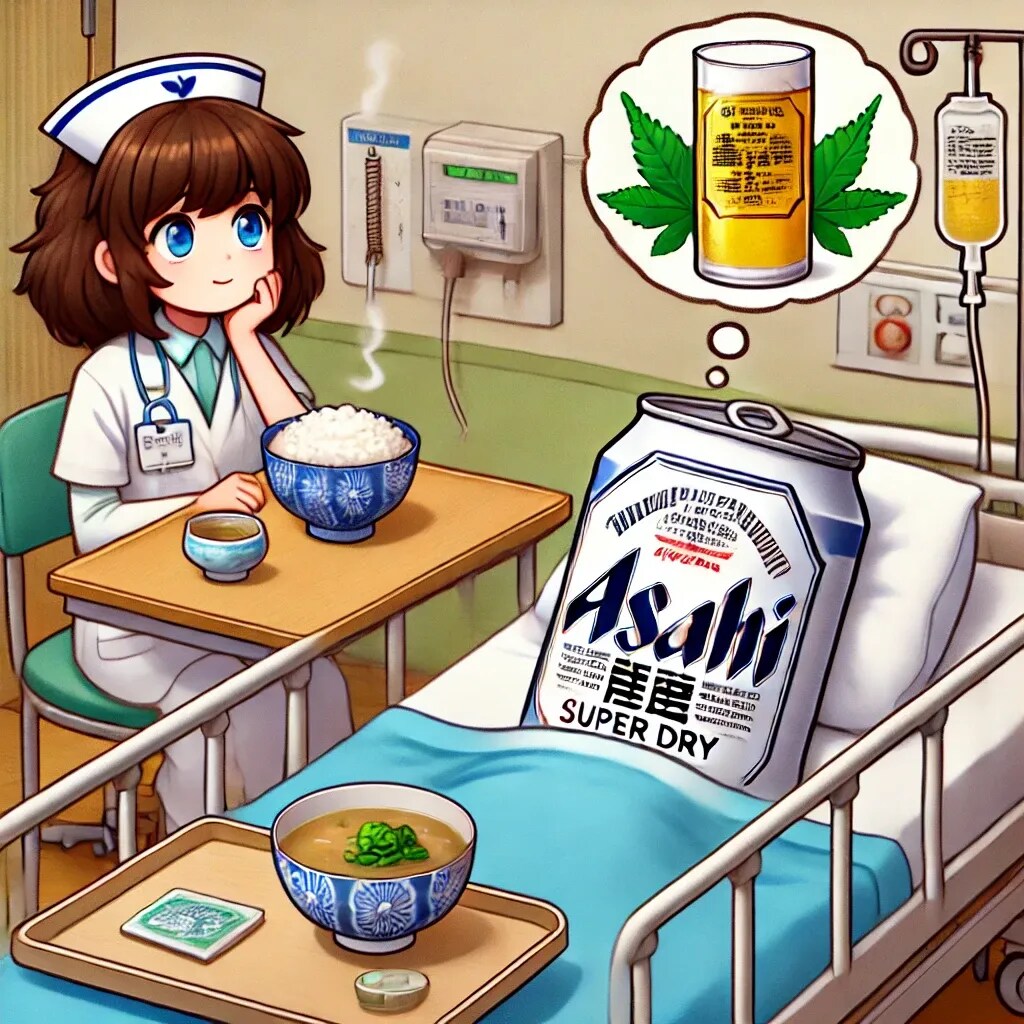 入院しているビール缶と看護婦の小さな女の子