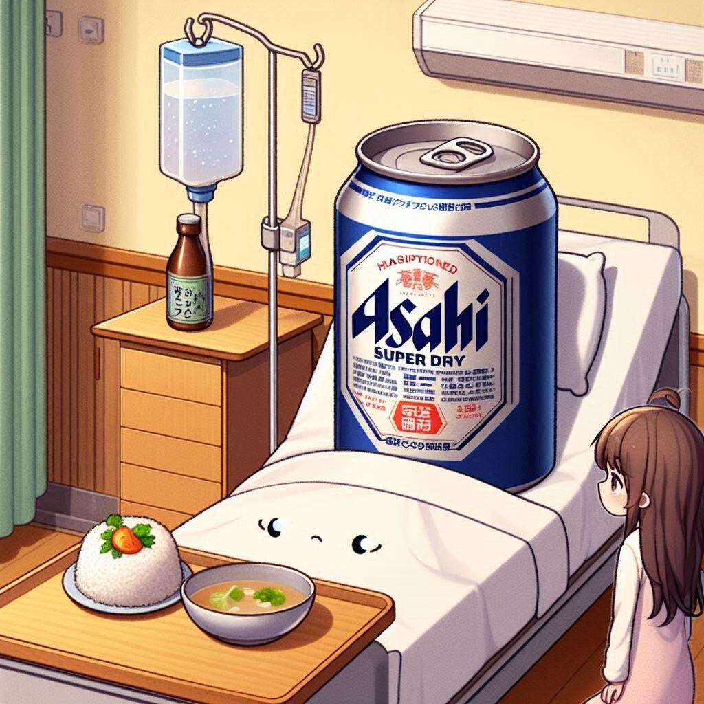 入院しているビール缶と看護婦の小さな女の子
