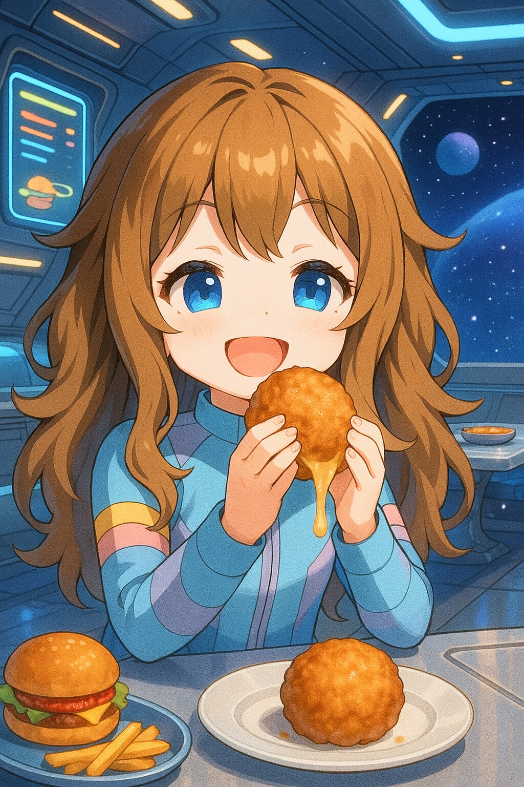 フライドマッシュポテトボムを食べる小さな女の子
