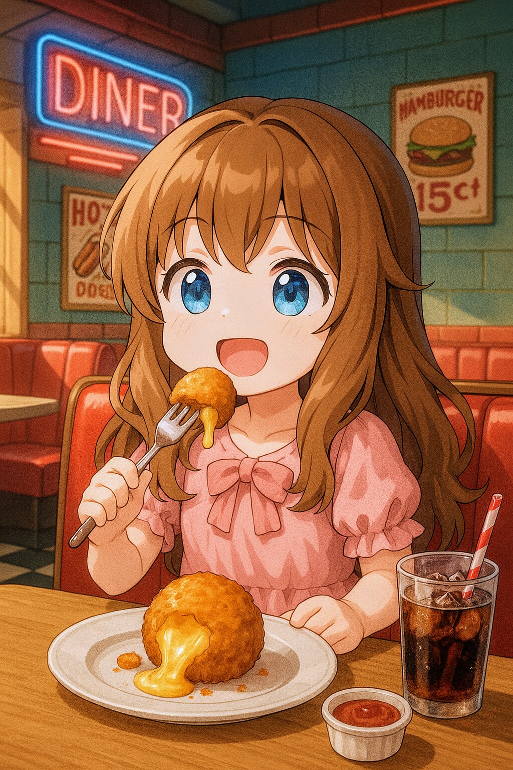 フライドマッシュポテトボムを食べる小さな女の子