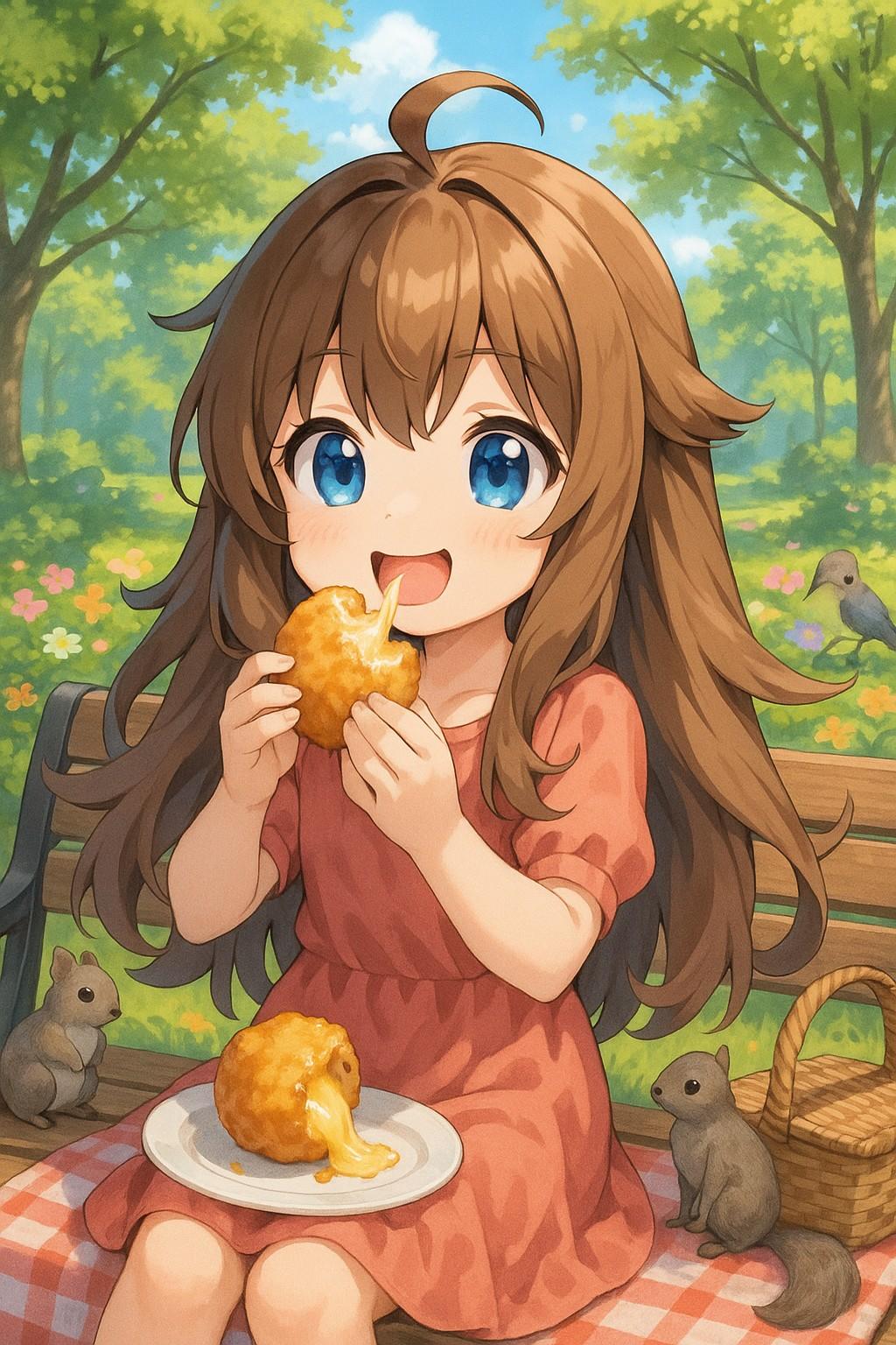 フライドマッシュポテトボムを食べる小さな女の子 | の人気AIイラスト・グラビア