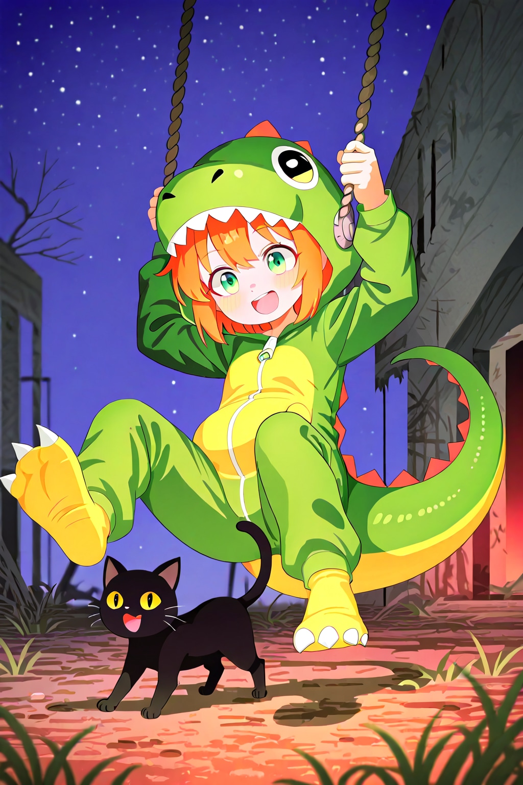 恐竜の着ぐるみと黒猫 | の人気AIイラスト・グラビア