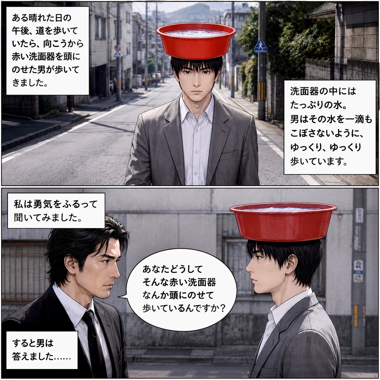 赤い洗面器の男
