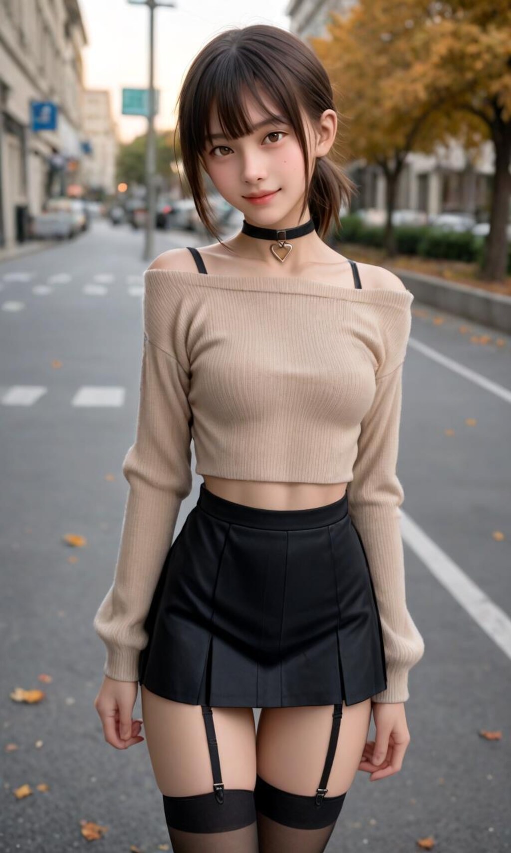 オフショルダーのポニーテール少女