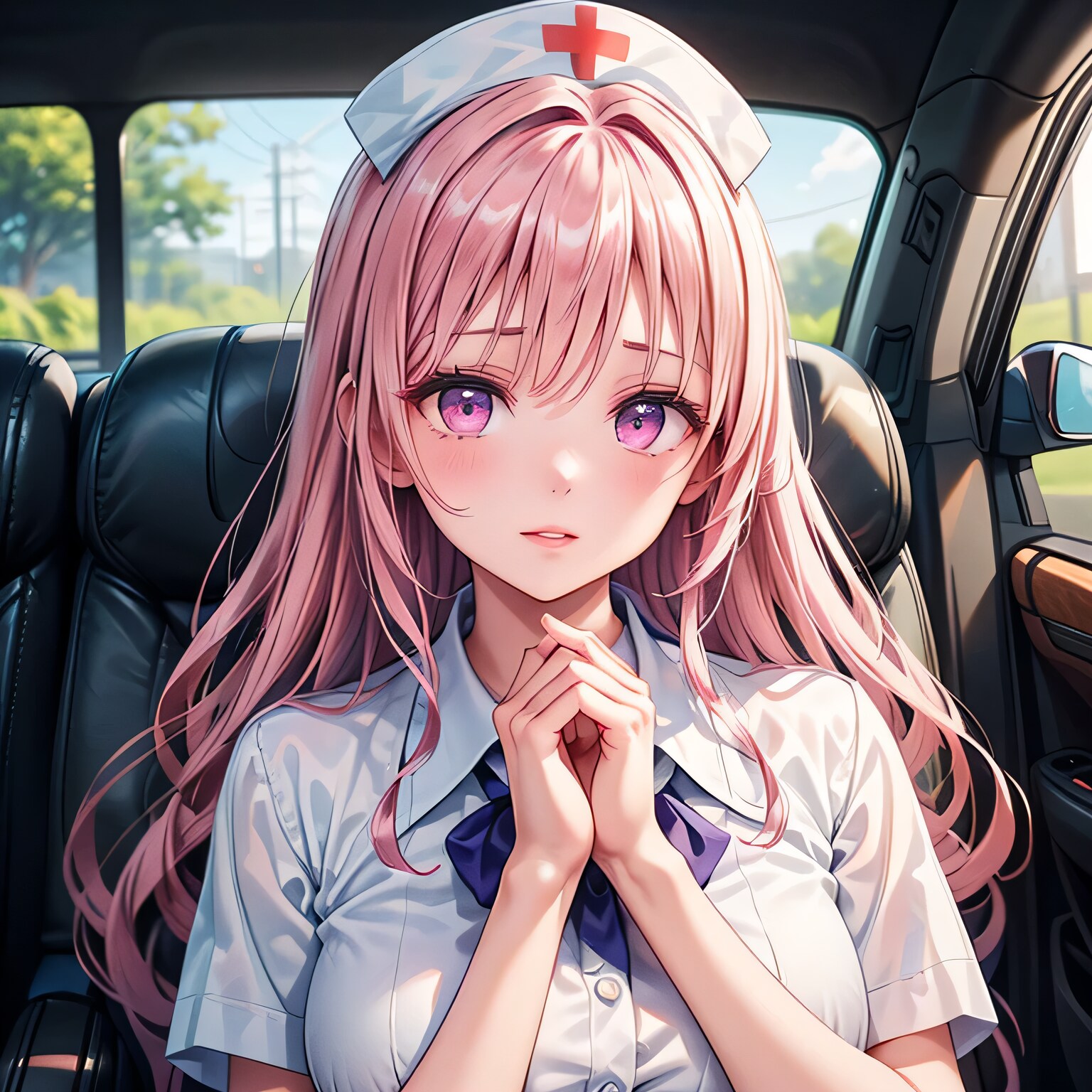 ピンク髪ロングで車内の少女３ | の人気AIイラスト・グラビア