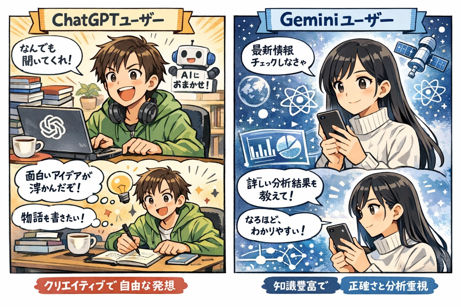 Chatgpt ユーザーとGeminiユーザーのイメージ | の人気AIイラスト・グラビア