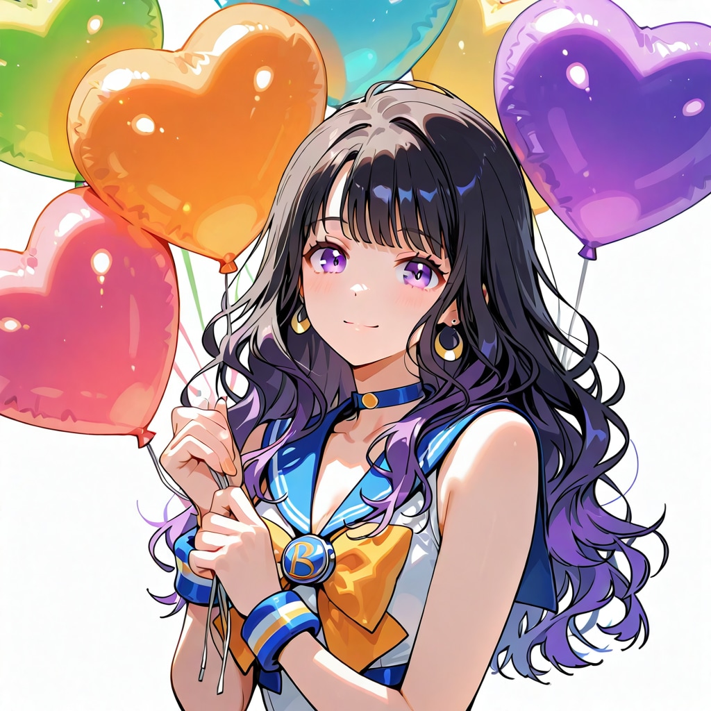 いっぱい色とりどりのハート風船を持つ黒髪ロングウェーブヘアのセーラー服着た美少女