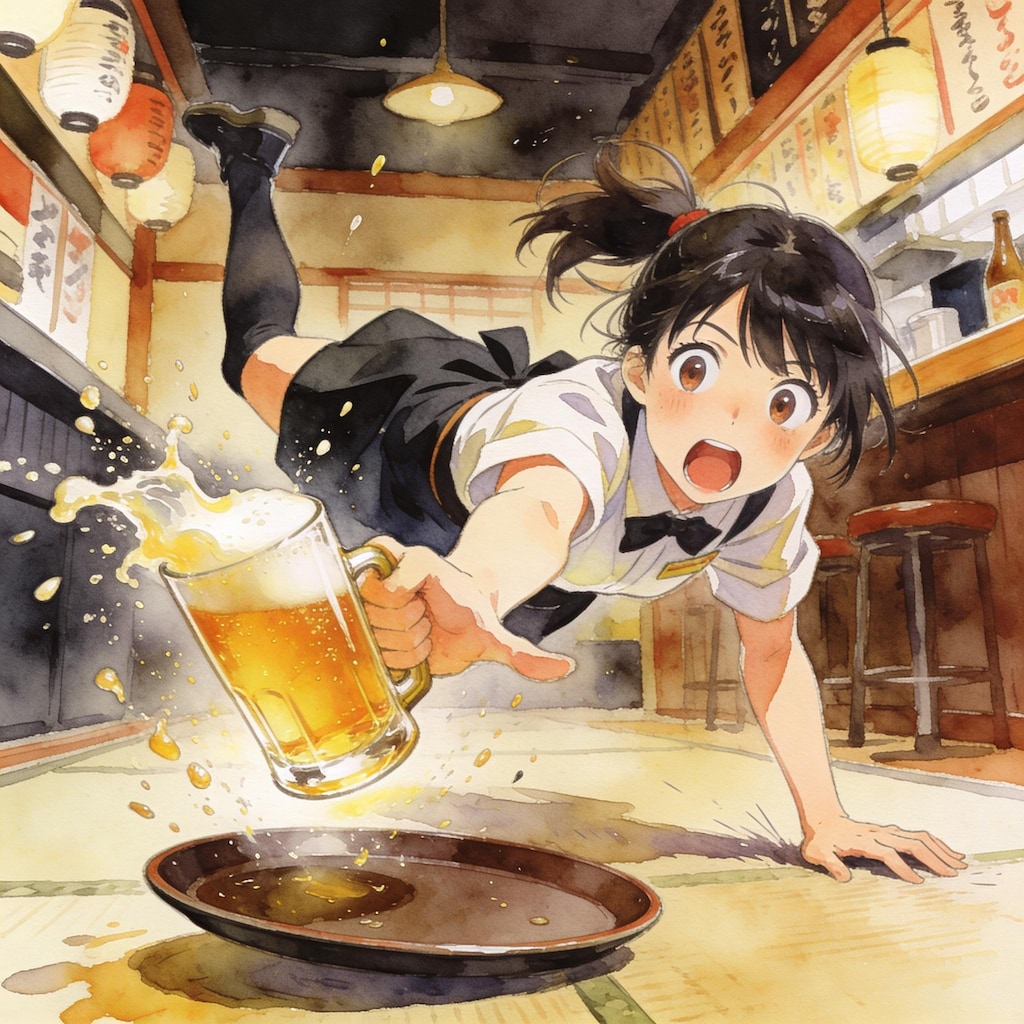 バイト少女、ビールを死守。