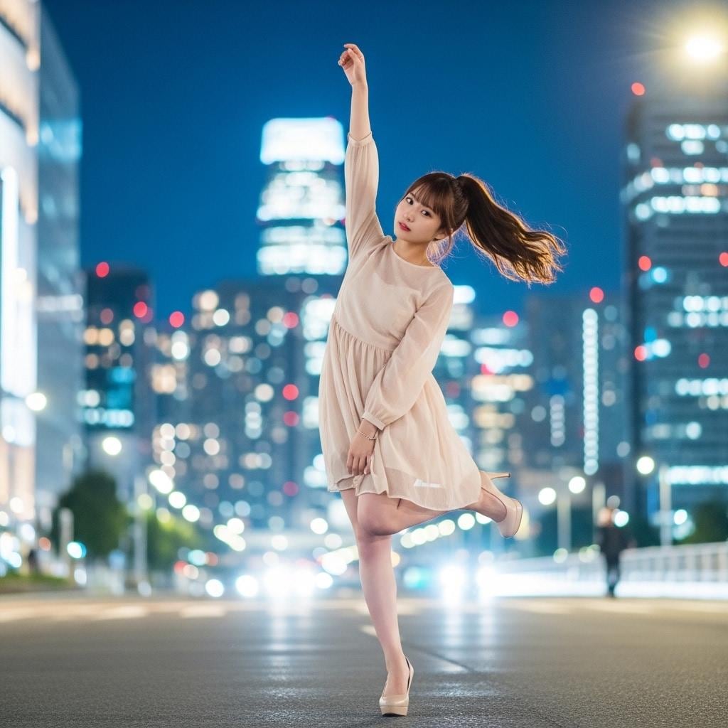 夜の街を背景に踊る