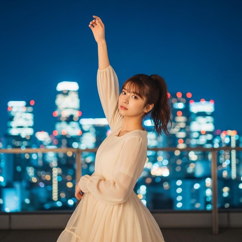 夜の街を背景に踊る