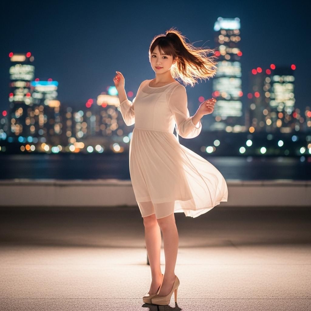 夜の街を背景に踊る