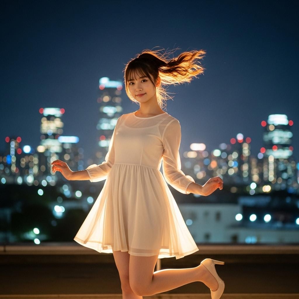 夜の街を背景に踊る