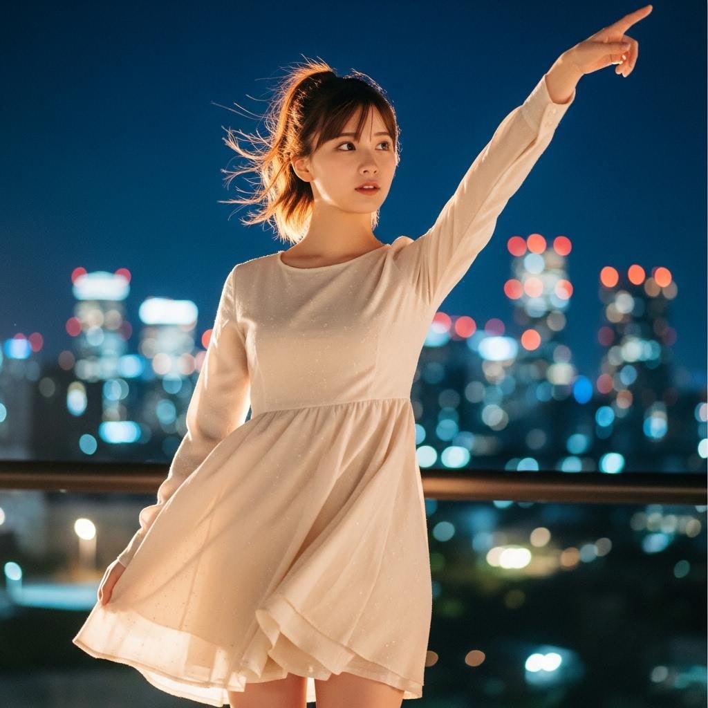 夜の街を背景に踊る