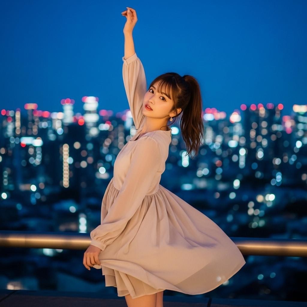 夜の街を背景に踊る