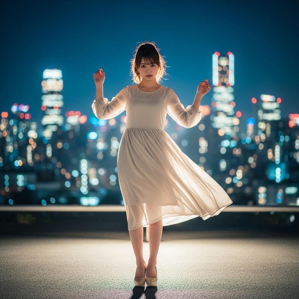 夜の街を背景に踊る