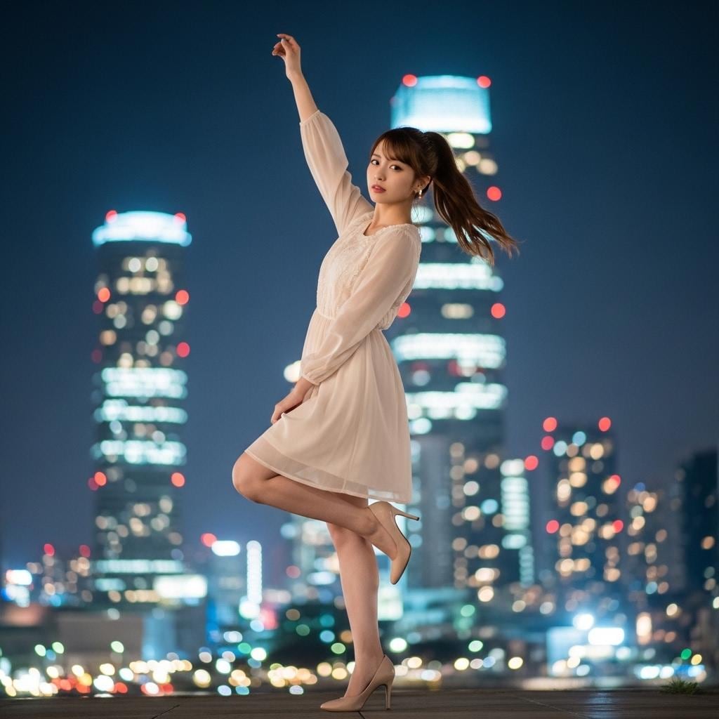 夜の街を背景に踊る