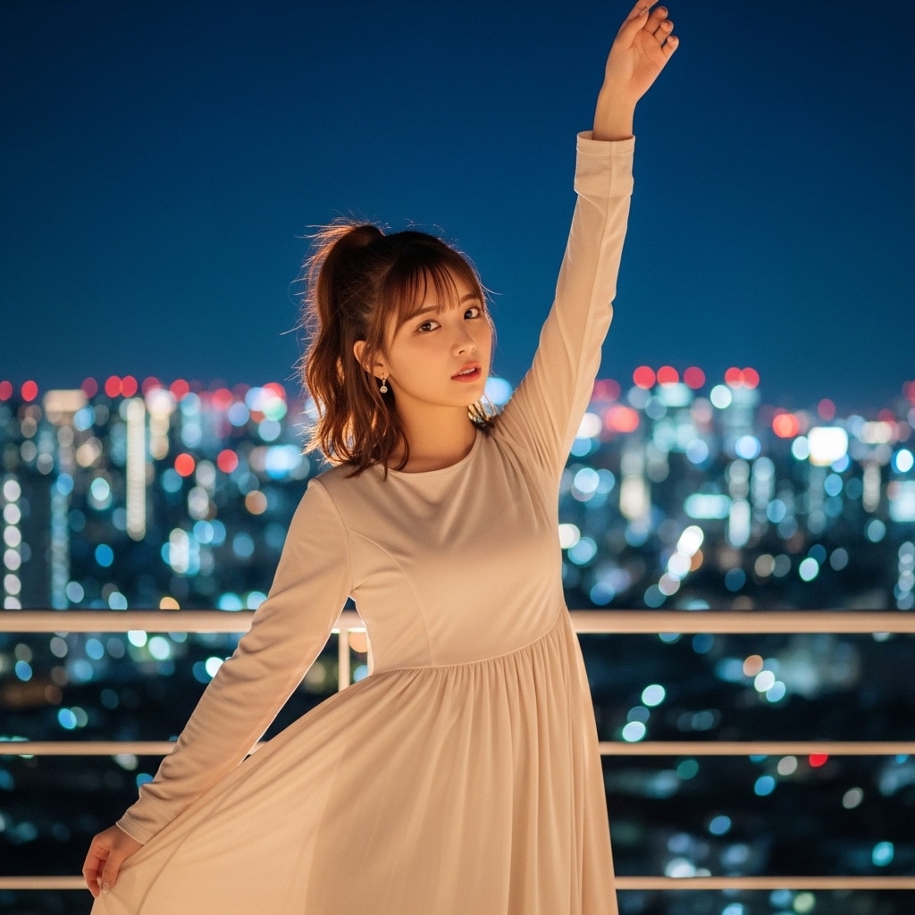 夜の街を背景に踊る