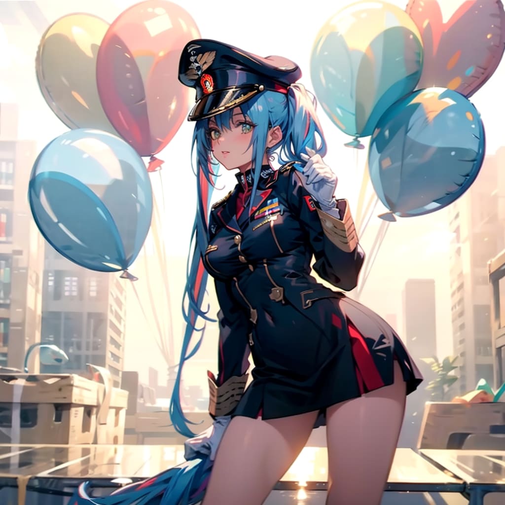 いっぱい色とりどりの風船を持つ青い髪ロングの海兵服着た美女 | の人気AIイラスト・グラビア