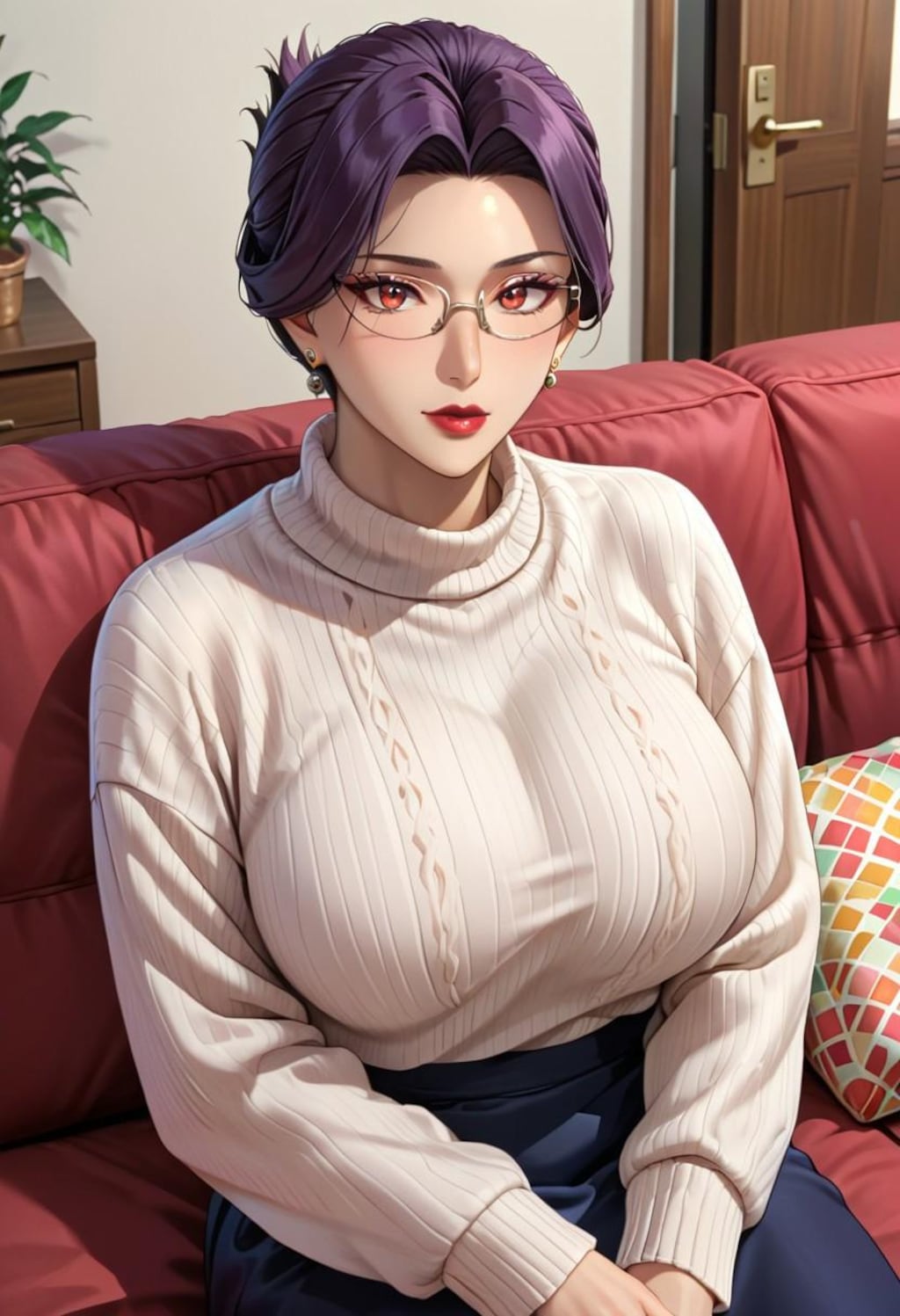 ソファでゆったりしてる爆乳伯母さん