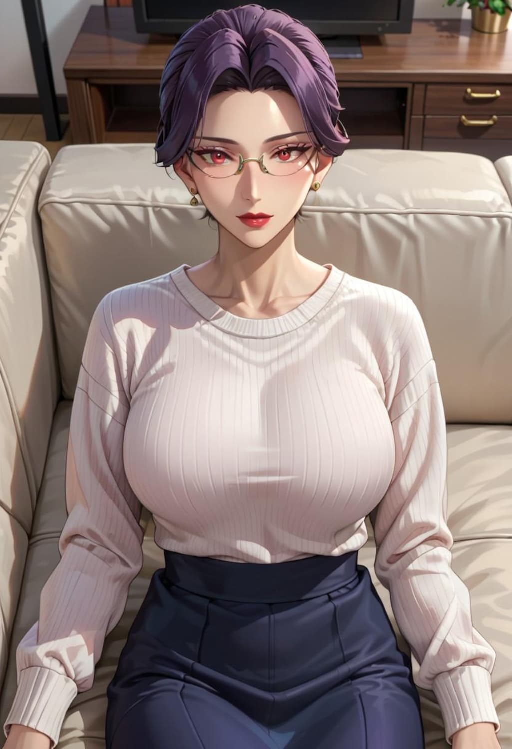 ソファでゆったりしてる爆乳伯母さん