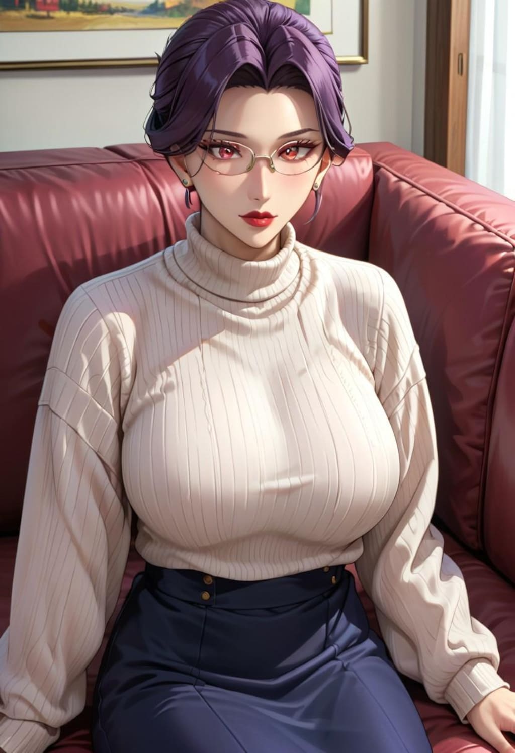 ソファでゆったりしてる爆乳伯母さん